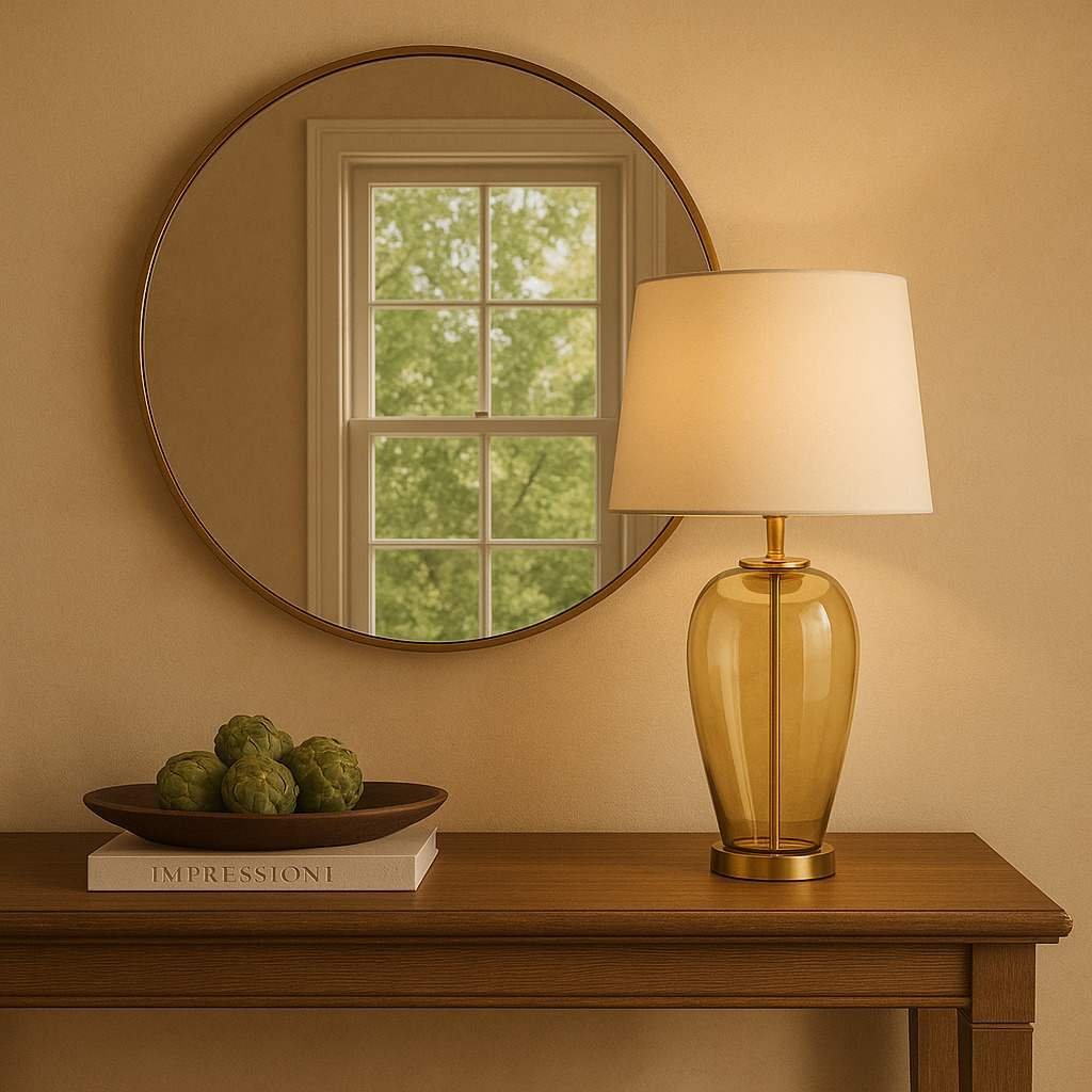 lampa stołowa ze szklaną podstawą i materiałowym abażurem